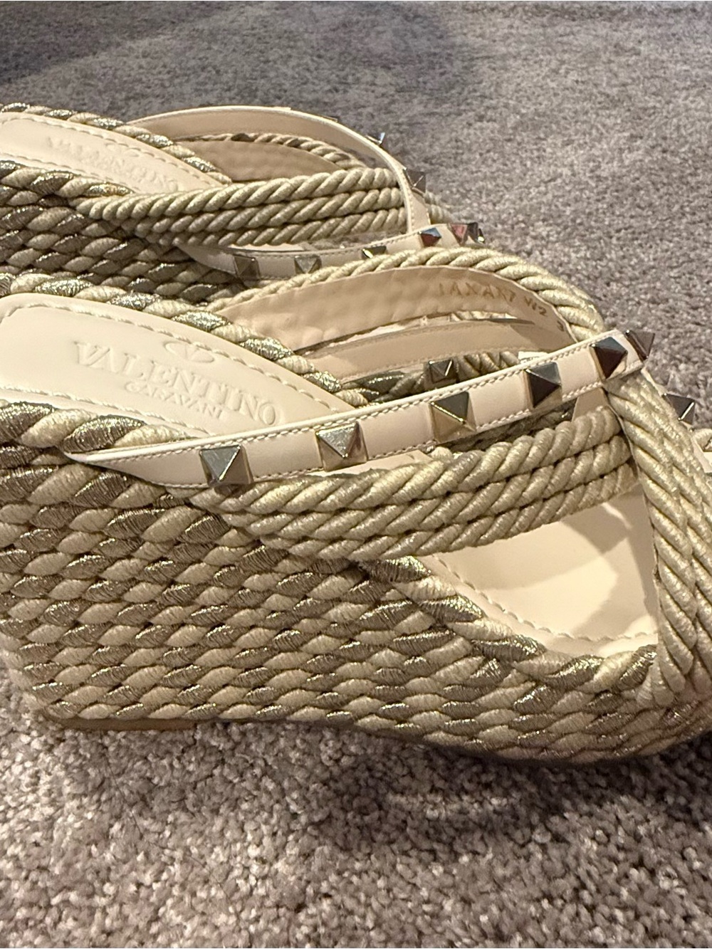 Valentino Gold Rope Platform Wedge Sandals with Pyramid Stud Trim